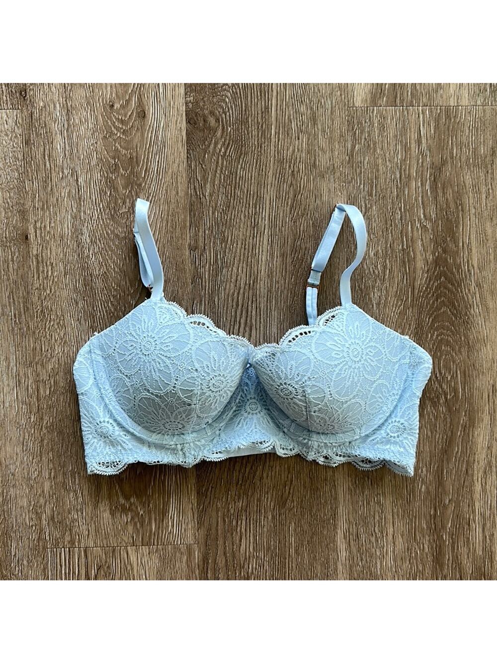 Aerie Show Off Balconette Eyelash Lace Bra Light Blue Size 34C Underwire‎